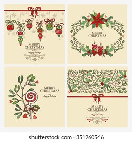Vector set: Christmas cards and Christmas  wreath with Christmas decorations. hand drawn 