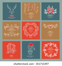 Vector set: Christmas cards and Christmas wreath with Christmas decorations. hand drawn