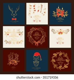 Vector set: Christmas cards and Christmas wreath with Christmas decorations. hand drawn 