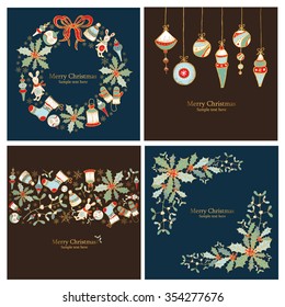 Vector set: Christmas cards and Christmas wreath  with Christmas decorations.drawing