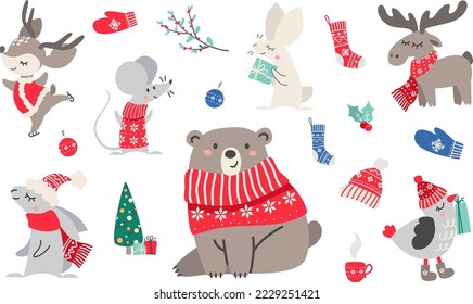 Vector set of Christmas characters. Animals in winter clothes. Cute mouse, bear, deer, moose, hare, sparrow. New Year tree with gifts. Mittens, hats, Christmas decorations, Christmas tree.