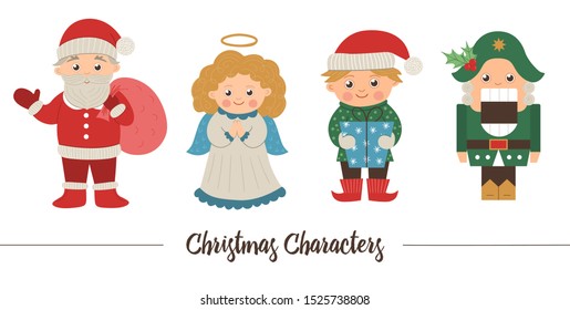 Vector set of Christmas characters. Cute winter Santa Claus with sack, Angel, Elf, Nutcracker illustration isolated on white background. Funny flat style picture for New Year or winter design