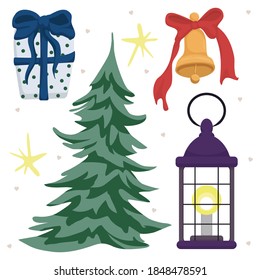 Vector set with christmas clip arts with a gift box, pine tree, old fashioned lantern and bell with red ribbon