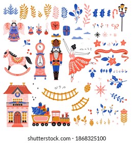 Vector Set of Christmas Cliparts , collection with Angel, Christmas wreath, Nutcracker, Ballerina, train, Candy cane, pine cone, clock, ball, rocking horse. Vector elements for Xmas design.