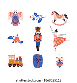 Vector Set of Christmas Cliparts in scandinavian style, collection with Angel, Christmas mistletoe, Nutcracker, Ballerina, train,Ballerina, gift, ball, rocking horse. Vector elements for Xmas design.