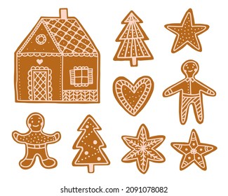 Vector set with christmas cookies. Gingerbread cookies in the shape of hearts, Christmas trees and men. Vector flat illustration.