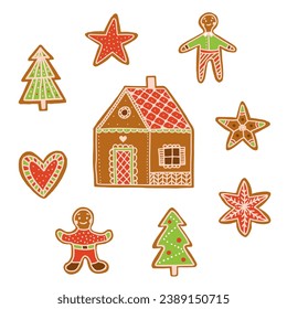 Vector set with christmas cookies. Gingerbread cookies in the shape of hearts, Christmas trees and men. Vector flat illustration.