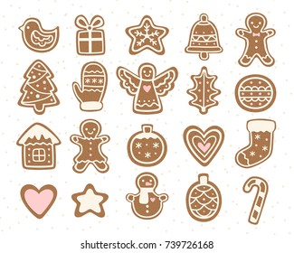 Conjunto vectorial de ilustraciones de galletas de Navidad. Hombre de pan de jengibre, ángel, cono, árbol, campana, estrella, corazón, etc.