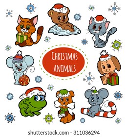 Vector set of Christmas cute animals, color cartoon collection, colorful stickers with little animals