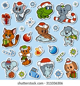 Vector set of Christmas cute animals, color cartoon collection, colorful stickers with little animals and winter objects