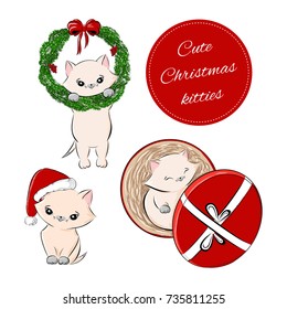 Vector set of Christmas cute kitten. Cat with holiday wreath, in round gift box and in red santa hat. Funny New Year collection children illustration for winter kids party or greeting card print.