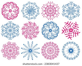 Vector set christmas dark blue and red snowflakes isolated on transparent background