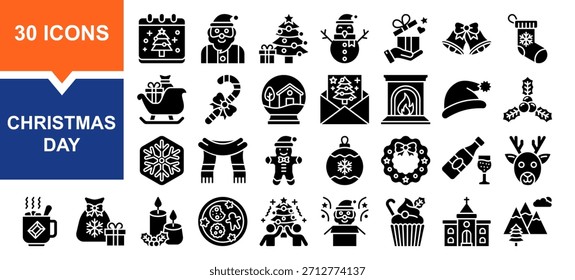 Vector set of christmas day glyph collection. Containing christmas, santa claus, gift box, tree chistmas	