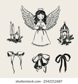 Vector set of Christmas decor with angel, bell, bow, ribbon and candle. Hand-drawn vintage compositions isolated on beige background. Illustration for design, print, fabric or background.