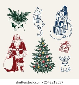 Vector set of Christmas decor with animals, Christmas tree and Santa Claus. Hand-drawn vintage compositions isolated on beige background. Illustration for design, print, fabric or background.