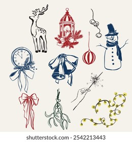 Vector set of Christmas decor with lantern, bell, deer, snowman and table clock. Hand-drawn vintage compositions isolated on beige background. Illustration for design, print, fabric or background.