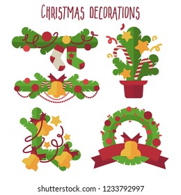 Conjunto vectorial de elementos de diseño de decoración navideña de estilo plano.