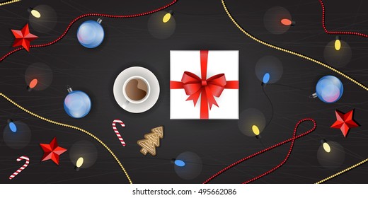 Vector set of christmas decoration, top view. Gift box, Christmas tree garland, christmas ball, ginger cookie, candy cane, red stars, cup of hot tea or chocolate, Christmas beads and colorful lights