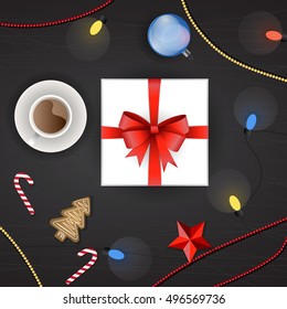 Vector set of christmas decoration, top view. Gift box, Christmas tree garland, christmas ball, ginger cookie, candy cane, red stars, cup of hot tea or chocolate, Christmas beads and colorful lights