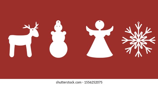 Vector set of Christmas decorations: deer, snowman, angel and snowflake. Laser cutting template