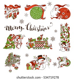 Vector set of Christmas decorations and design elements. Christmas tree and baubles, Santa with sack, snowman, Santa socks, gifts, snowflakes, swirls and ribbons isolated on white background.