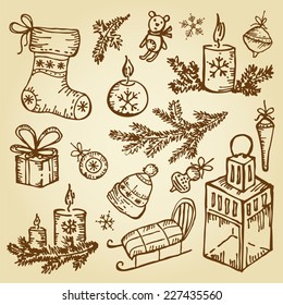 Vector set: Christmas decorations, hand drawn. 