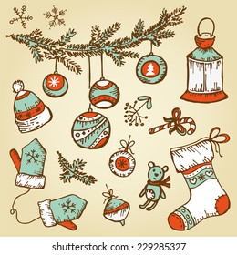 Vector set: Christmas decorations, hand drawn. 