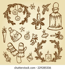 Vector set: Christmas decorations, hand drawn. 