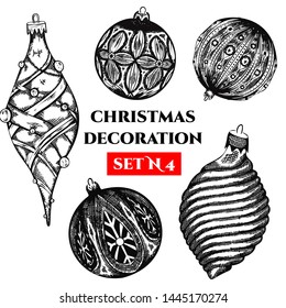 Vector set of Christmas decorations. Handdrawn New year etching sketched set of balls. Vintage drawing style