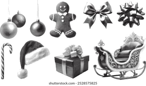 Vector set of Christmas decorations on a transparent background. Bows, baubles, gift, Santa's hat, sleigh, candy, gingerbread, sweets. Halftone effect