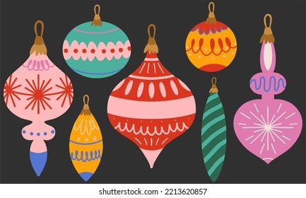 Vector set of Christmas decorations. Vintage Christmas decorative elements isolated on black background. Cute retro freehand drawing poster for Christmas and New Year.