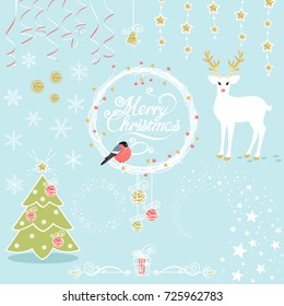 vector set of Christmas decorative elements with a deer, a bullfinch and a Christmas tree