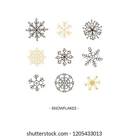 Vector set with Christmas Decorative hand drawn Snowflakes made in neutral black and gold colours. Perfect for winter seasonal holidays party design. Simple doodle drawing style.