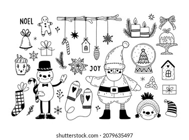 Vector set of Christmas design element in doodle style - snowman, Santa Claus, garland, cookies, candle, snow globe.