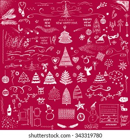 Vector set Christmas design elements. New Year tree and baubles. Many design elements for holiday greeting cards, banners, backgrounds and gifts.