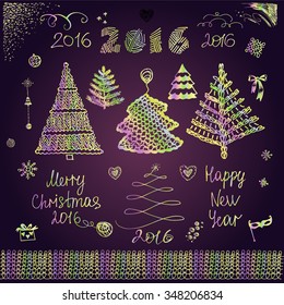 Vector set Christmas design elements. New Year knitting tree. Design elements for holiday greeting cards, banners, backgrounds and gifts.