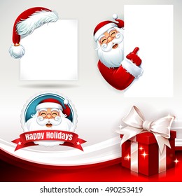 Vector set of Christmas design elements with Santa Claus, present and hat illustrations in retro style. Santa Claus holding a blank sign, copy space.