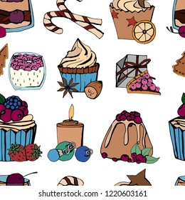 Vector set of Christmas dessert, seamless background, illustration cake, candy, cupcake