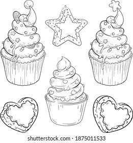 Vector set of Christmas Desserts. Line art illustrations of Santa hat, Christmas tree, Heart cupcakes and cookies for your Christmas, New Year, food fests and other party designs.