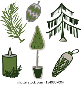 Vector set christmas doodle green tree candle spruce branch. Colorful background vector. Wallpaper background. Natural background. Hand drawing.