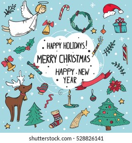 vector set of Christmas doodle illustrations hand drawing. Happy New Year and Christmas. Christmas tree, reindeer, mittens, toys, decorations