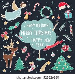 vector set of Christmas doodle illustrations hand drawing. Happy New Year and Christmas. Christmas tree, reindeer, mittens, toys, decorations
