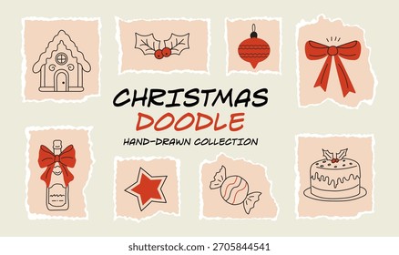 Conjunto de Vector de Navidades doodle kit de pegatinas de papel para scrapbooking, con texturas rotas, bordes rasgados y Elementos de invierno dibujados a mano, perfecto para collage festivo y diseños decorativos de Año Nuevo.