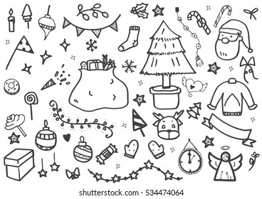 Vektorset von Weihnachtsdoodeln auf schwarz-weißem Hintergrund