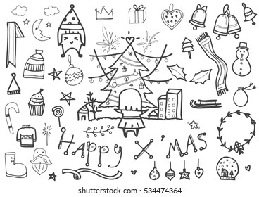 vector set of Christmas drawn doodles in black line on white background