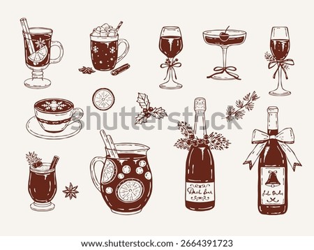 Vector set of Christmas drinks: mulled wine, champagne bottle, wine bottle, coffee latte, punch, eggnog, wine and champagne glasses