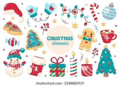 Conjunto de vetor com elementos Christmas. 16 elementos em estilo cartoon. Tema de Natal. Para folheto, adesivo, cartão, logotipo, símbolo.