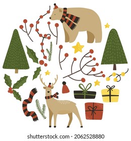 Vector set of Christmas elements. Bears, deer, branches, gifts.