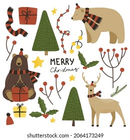 Vector set of Christmas elements. Bears, deer, branches, gifts.