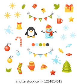 Vector set of Christmas elements. Cute cartoon winter objects. Collection of New Year icons including snowflakes, snowman, penguin, stars, candy, hat, mittens, socks, cup, bird, gift box, tree, balls